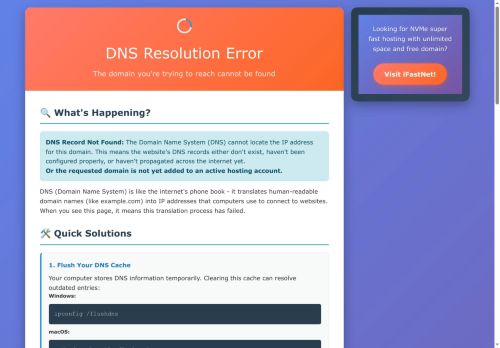 DNS Resolution Error - Domain Not Found, Or Domain not added to hosting account