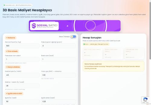 3D Baskı Maliyet Hesaplayıcı – Filament, Elektrik, İşçilik, KDV Dahil Fiyat Hesaplama