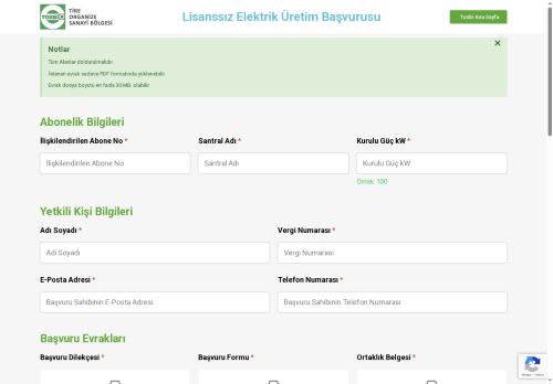 TOSBI – Lisanssız Elektrik Başvurusu