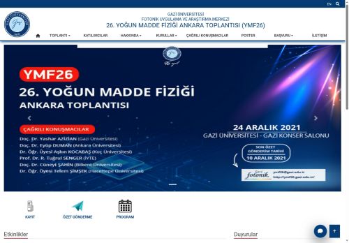 26. Yoğun Madde Fiziği Ankara Toplantısı (YMF26) | Fotonik Uygulama Ve Araştırma Merkezi | Gazi Üniversitesi | Gazili Olmak Ayrıcalıktır