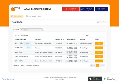 ÖSYM Aday İşlemleri Sistemi - Ana Sayfa