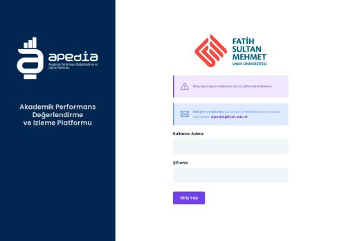 Fatih Sultan Mehmet Vakıf Üniversitesi APEDIA Akademik Performas Değerlendirme ve İzleme Platformu