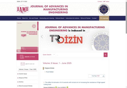 Volume: 6 Issue: 1 Year: 2025 Journal of Advances in Manufacturing Engineering