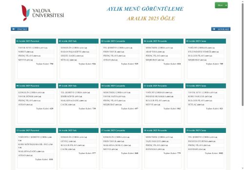 Yalova Üniversitesi Yemek Menü