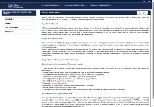 İstanbul Gelişim Üniversitesi Bilgi Sistemi Bologna Süreci N
